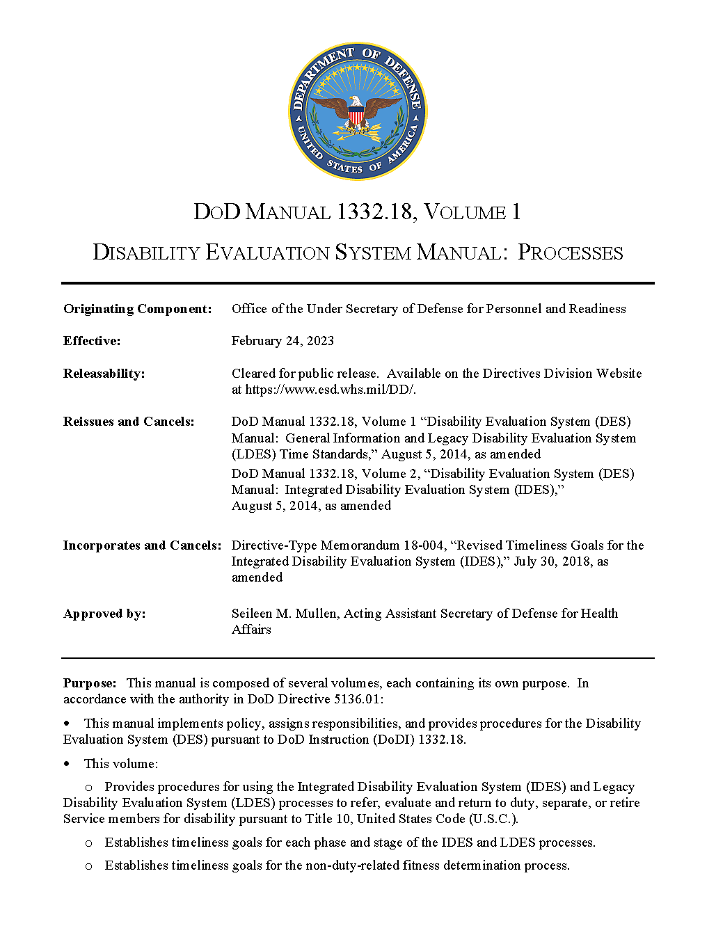 Downloadable PDF of Department of Defense Manual (DoDM) 1332.18, Volume 1, Disability Evaluation System Manual: Processes